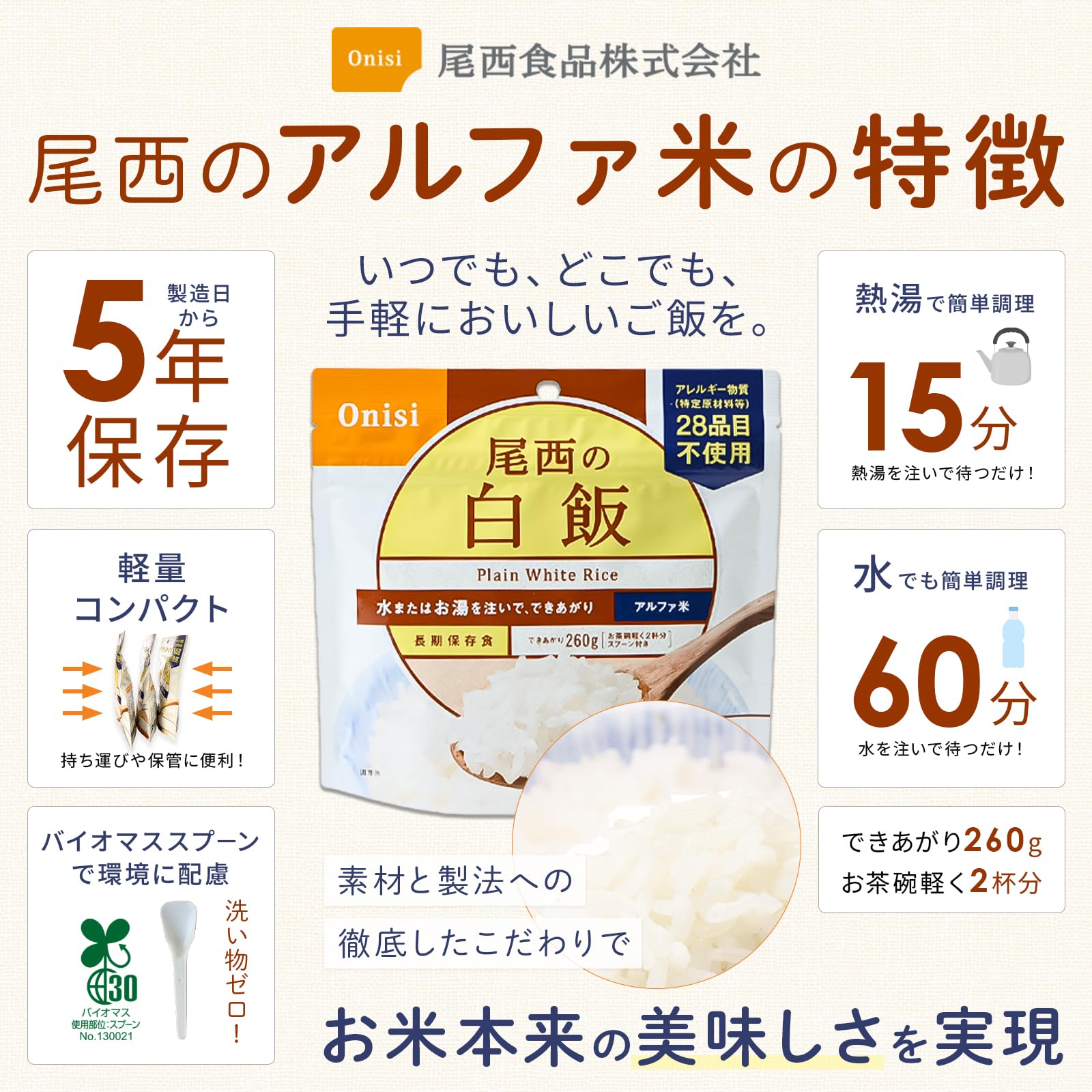 Amazon.co.jp: 尾西食品 アルファ米 白飯 100g×5袋 (非常食・保存食